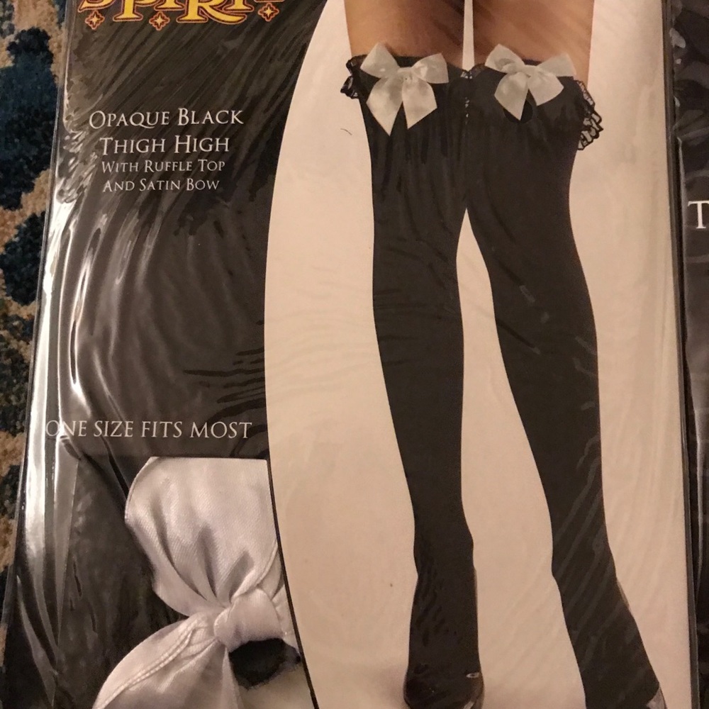 Red thigh high and fishnets fingerless gloves